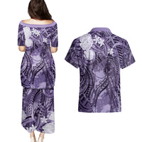 Pacific Beauty Girl Couples Matching Puletasi and Hawaiian Shirt Violet Polyneisan Tribal Vintage Motif