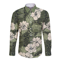 Tongan Kupesi Ngatu Hibiscus Vintage Motif Long Sleeve Button Shirt LT9 Unisex Green - Polynesian Pride