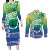 Malpampa Vanuatu Couples Matching Long Sleeve Bodycon Dress and Long Sleeve Button Shirt Hibiscus Sand Drawing with Pacific Pattern LT9 Green Art - Polynesian Pride