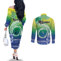 Malpampa Vanuatu Couples Matching Off The Shoulder Long Sleeve Dress and Long Sleeve Button Shirt Hibiscus Sand Drawing with Pacific Pattern LT9 - Polynesian Pride