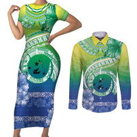 Malpampa Vanuatu Couples Matching Short Sleeve Bodycon Dress and Long Sleeve Button Shirt Hibiscus Sand Drawing with Pacific Pattern LT9 Green Art - Polynesian Pride