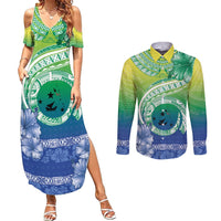 Malpampa Vanuatu Couples Matching Summer Maxi Dress and Long Sleeve Button Shirt Hibiscus Sand Drawing with Pacific Pattern LT9 Green Art - Polynesian Pride