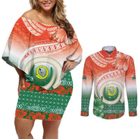 Penama Vanuatu Couples Matching Off Shoulder Short Dress and Long Sleeve Button Shirt Hibiscus Sand Drawing with Pacific Pattern LT9 Red Art - Polynesian Pride