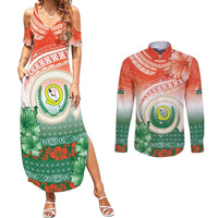 Penama Vanuatu Couples Matching Summer Maxi Dress and Long Sleeve Button Shirt Hibiscus Sand Drawing with Pacific Pattern LT9 Red Art - Polynesian Pride