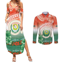 Penama Vanuatu Couples Matching Summer Maxi Dress and Long Sleeve Button Shirt Hibiscus Sand Drawing with Pacific Pattern LT9 Red Art - Polynesian Pride