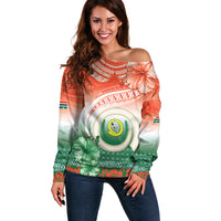 Penama Vanuatu Off Shoulder Sweater Hibiscus Sand Drawing with Pacific Pattern