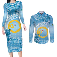 Sanma Vanuatu Couples Matching Long Sleeve Bodycon Dress and Long Sleeve Button Shirt Hibiscus Sand Drawing with Pacific Pattern LT9 Blue Art - Polynesian Pride
