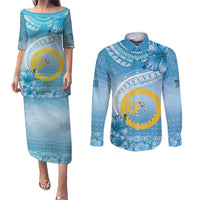 Sanma Vanuatu Couples Matching Puletasi and Long Sleeve Button Shirt Hibiscus Sand Drawing with Pacific Pattern LT9 Blue Art - Polynesian Pride