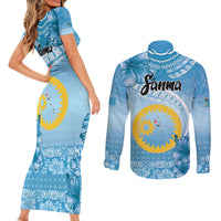 Sanma Vanuatu Couples Matching Short Sleeve Bodycon Dress and Long Sleeve Button Shirt Hibiscus Sand Drawing with Pacific Pattern LT9 - Polynesian Pride