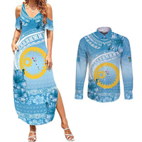 Sanma Vanuatu Couples Matching Summer Maxi Dress and Long Sleeve Button Shirt Hibiscus Sand Drawing with Pacific Pattern LT9 Blue Art - Polynesian Pride