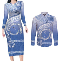 Shefa Vanuatu Couples Matching Long Sleeve Bodycon Dress and Long Sleeve Button Shirt Hibiscus Sand Drawing with Pacific Pattern LT9 Blue Art - Polynesian Pride