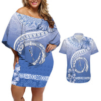 Shefa Vanuatu Couples Matching Off Shoulder Short Dress and Hawaiian Shirt Hibiscus Sand Drawing with Pacific Pattern LT9 Blue Art - Polynesian Pride
