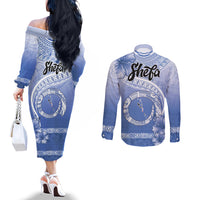 Shefa Vanuatu Couples Matching Off The Shoulder Long Sleeve Dress and Long Sleeve Button Shirt Hibiscus Sand Drawing with Pacific Pattern LT9 - Polynesian Pride