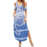 Shefa Vanuatu Summer Maxi Dress Hibiscus Sand Drawing with Pacific Pattern LT9 Women Blue Art - Polynesian Pride