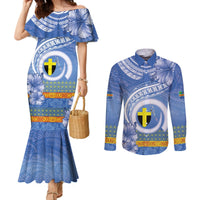 Tafea Vanuatu Couples Matching Mermaid Dress and Long Sleeve Button Shirt Hibiscus Sand Drawing with Pacific Pattern LT9 Blue Art - Polynesian Pride