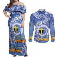 Tafea Vanuatu Couples Matching Off Shoulder Maxi Dress and Long Sleeve Button Shirt Hibiscus Sand Drawing with Pacific Pattern LT9 Blue Art - Polynesian Pride