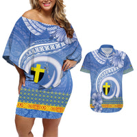 Tafea Vanuatu Couples Matching Off Shoulder Short Dress and Hawaiian Shirt Hibiscus Sand Drawing with Pacific Pattern LT9 Blue Art - Polynesian Pride
