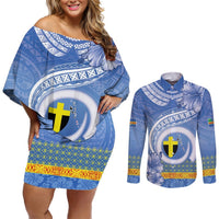 Tafea Vanuatu Couples Matching Off Shoulder Short Dress and Long Sleeve Button Shirt Hibiscus Sand Drawing with Pacific Pattern LT9 Blue Art - Polynesian Pride