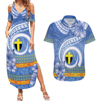 Tafea Vanuatu Couples Matching Summer Maxi Dress and Hawaiian Shirt Hibiscus Sand Drawing with Pacific Pattern LT9 Blue Art - Polynesian Pride