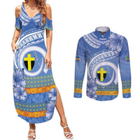 Tafea Vanuatu Couples Matching Summer Maxi Dress and Long Sleeve Button Shirt Hibiscus Sand Drawing with Pacific Pattern LT9 Blue Art - Polynesian Pride