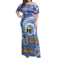 Tafea Vanuatu Off Shoulder Maxi Dress Hibiscus Sand Drawing with Pacific Pattern LT9 Women Blue Art - Polynesian Pride