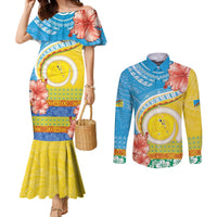 Torba Vanuatu Couples Matching Mermaid Dress and Long Sleeve Button Shirt Hibiscus Sand Drawing with Pacific Pattern LT9 Green Gold - Polynesian Pride