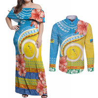 Torba Vanuatu Couples Matching Off Shoulder Maxi Dress and Long Sleeve Button Shirt Hibiscus Sand Drawing with Pacific Pattern LT9 Green Gold - Polynesian Pride