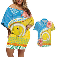Torba Vanuatu Couples Matching Off Shoulder Short Dress and Hawaiian Shirt Hibiscus Sand Drawing with Pacific Pattern LT9 Green Gold - Polynesian Pride