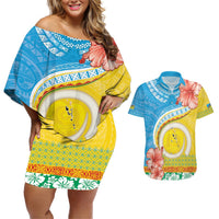 Torba Vanuatu Couples Matching Off Shoulder Short Dress and Hawaiian Shirt Hibiscus Sand Drawing with Pacific Pattern LT9 Green Gold - Polynesian Pride