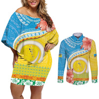 Torba Vanuatu Couples Matching Off Shoulder Short Dress and Long Sleeve Button Shirt Hibiscus Sand Drawing with Pacific Pattern LT9 Green Gold - Polynesian Pride