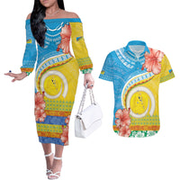 Torba Vanuatu Couples Matching Off The Shoulder Long Sleeve Dress and Hawaiian Shirt Hibiscus Sand Drawing with Pacific Pattern