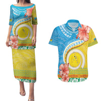Torba Vanuatu Couples Matching Puletasi and Hawaiian Shirt Hibiscus Sand Drawing with Pacific Pattern LT9 Green Gold - Polynesian Pride
