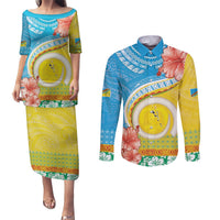 Torba Vanuatu Couples Matching Puletasi and Long Sleeve Button Shirt Hibiscus Sand Drawing with Pacific Pattern LT9 Green Gold - Polynesian Pride