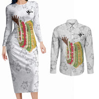Hawaii Lei Kamehameha Couples Matching Long Sleeve Bodycon Dress and Long Sleeve Button Shirt Ke'oke'o Seamless Pattern Hibiscus Flower LT9 White - Polynesian Pride