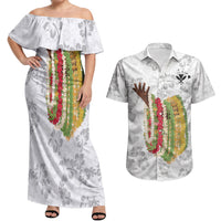 Hawaii Lei Kamehameha Couples Matching Off Shoulder Maxi Dress and Hawaiian Shirt Ke'oke'o Seamless Pattern Hibiscus Flower LT9 White - Polynesian Pride
