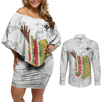 Hawaii Lei Kamehameha Couples Matching Off Shoulder Short Dress and Long Sleeve Button Shirt Ke'oke'o Seamless Pattern Hibiscus Flower LT9 White - Polynesian Pride