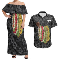 Hawaii Lei Kamehameha Couples Matching Off Shoulder Maxi Dress and Hawaiian Shirt Ele'ele Seamless Pattern Hibiscus Flower LT9 Black - Polynesian Pride