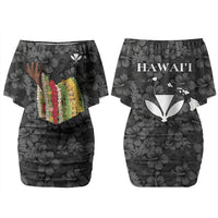 Hawaii Lei Kamehameha Couples Matching Off Shoulder Short Dress and Long Sleeve Button Shirt Ele'ele Seamless Pattern Hibiscus Flower LT9 - Polynesian Pride