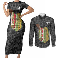 Hawaii Lei Kamehameha Couples Matching Short Sleeve Bodycon Dress and Long Sleeve Button Shirt Ele'ele Seamless Pattern Hibiscus Flower LT9 Black - Polynesian Pride