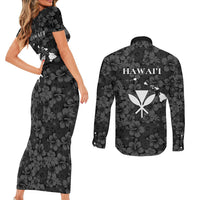 Hawaii Lei Kamehameha Couples Matching Short Sleeve Bodycon Dress and Long Sleeve Button Shirt Ele'ele Seamless Pattern Hibiscus Flower LT9 - Polynesian Pride