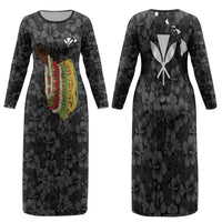 Hawaii Lei Kamehameha Family Matching Long Sleeve Bodycon Dress and Hawaiian Shirt Ele'ele Seamless Pattern Hibiscus Flower LT9 Mom's Dress Black - Polynesian Pride