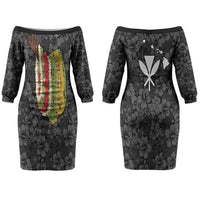 Hawaii Lei Kamehameha Family Matching Off The Shoulder Long Sleeve Dress and Hawaiian Shirt Ele'ele Seamless Pattern Hibiscus Flower LT9 Mom's Dress Black - Polynesian Pride