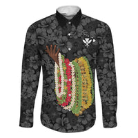 Hawaii Lei Kamehameha Family Matching Off The Shoulder Long Sleeve Dress and Hawaiian Shirt Ele'ele Seamless Pattern Hibiscus Flower LT9 Daughter's Dress Black - Polynesian Pride