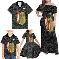 Hawaii Lei Kamehameha Family Matching Off Shoulder Maxi Dress and Hawaiian Shirt Ele'ele Seamless Pattern Hibiscus Flower