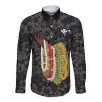 Hawaii Lei Kamehameha Long Sleeve Button Shirt Ele'ele Seamless Pattern Hibiscus Flower LT9 Unisex Black - Polynesian Pride