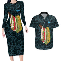 Hawaii Lei Kamehameha Couples Matching Long Sleeve Bodycon Dress and Hawaiian Shirt Uliuli Seamless Pattern Hibiscus Flower