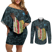 Hawaii Lei Kamehameha Couples Matching Off Shoulder Short Dress and Long Sleeve Button Shirt Uliuli Seamless Pattern Hibiscus Flower LT9 Blue - Polynesian Pride