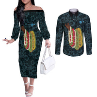 Hawaii Lei Kamehameha Couples Matching Off The Shoulder Long Sleeve Dress and Long Sleeve Button Shirt Uliuli Seamless Pattern Hibiscus Flower
