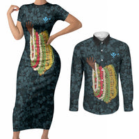 Hawaii Lei Kamehameha Couples Matching Short Sleeve Bodycon Dress and Long Sleeve Button Shirt Uliuli Seamless Pattern Hibiscus Flower LT9 Blue - Polynesian Pride