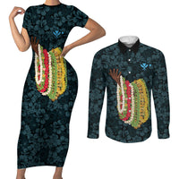 Hawaii Lei Kamehameha Couples Matching Short Sleeve Bodycon Dress and Long Sleeve Button Shirt Uliuli Seamless Pattern Hibiscus Flower